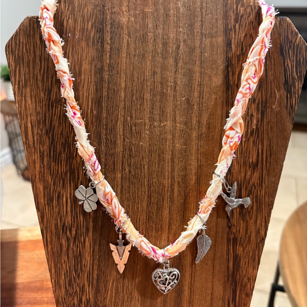 Cupids Arrow- Handmade braided  bandana Charm Necklace with silver boho charms